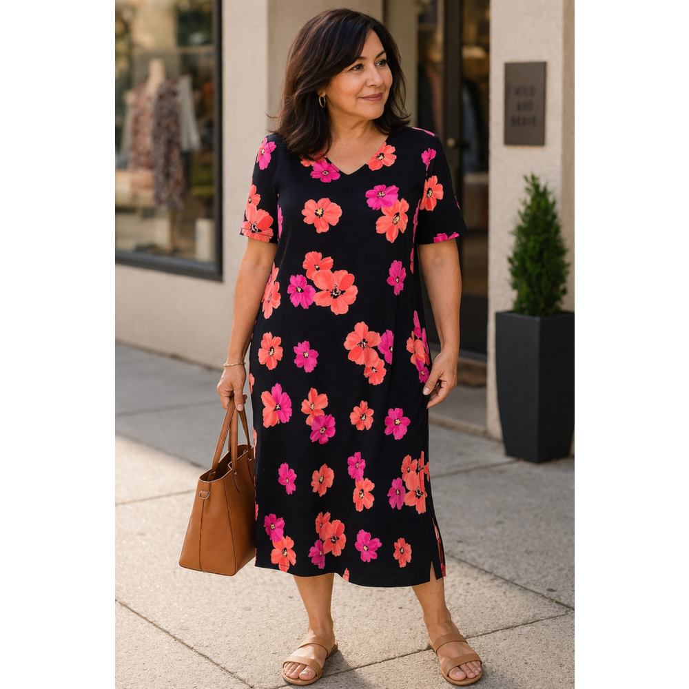 Talbots Medium Floral Midi Dress Cotton Black Pink Shoulder Pads Casual